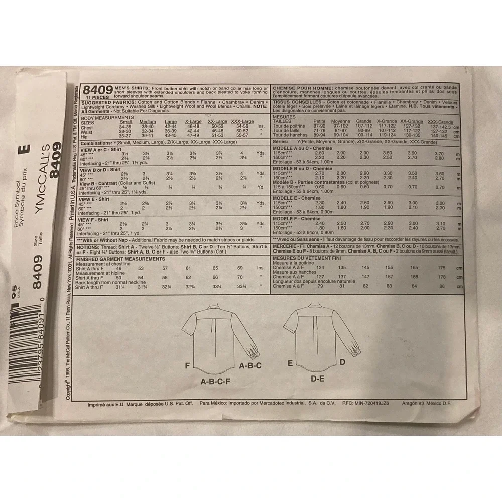 McCall's 8409 Men's Shirt Sewing Pattern Size S-M-L Button Down Band Collar 1996